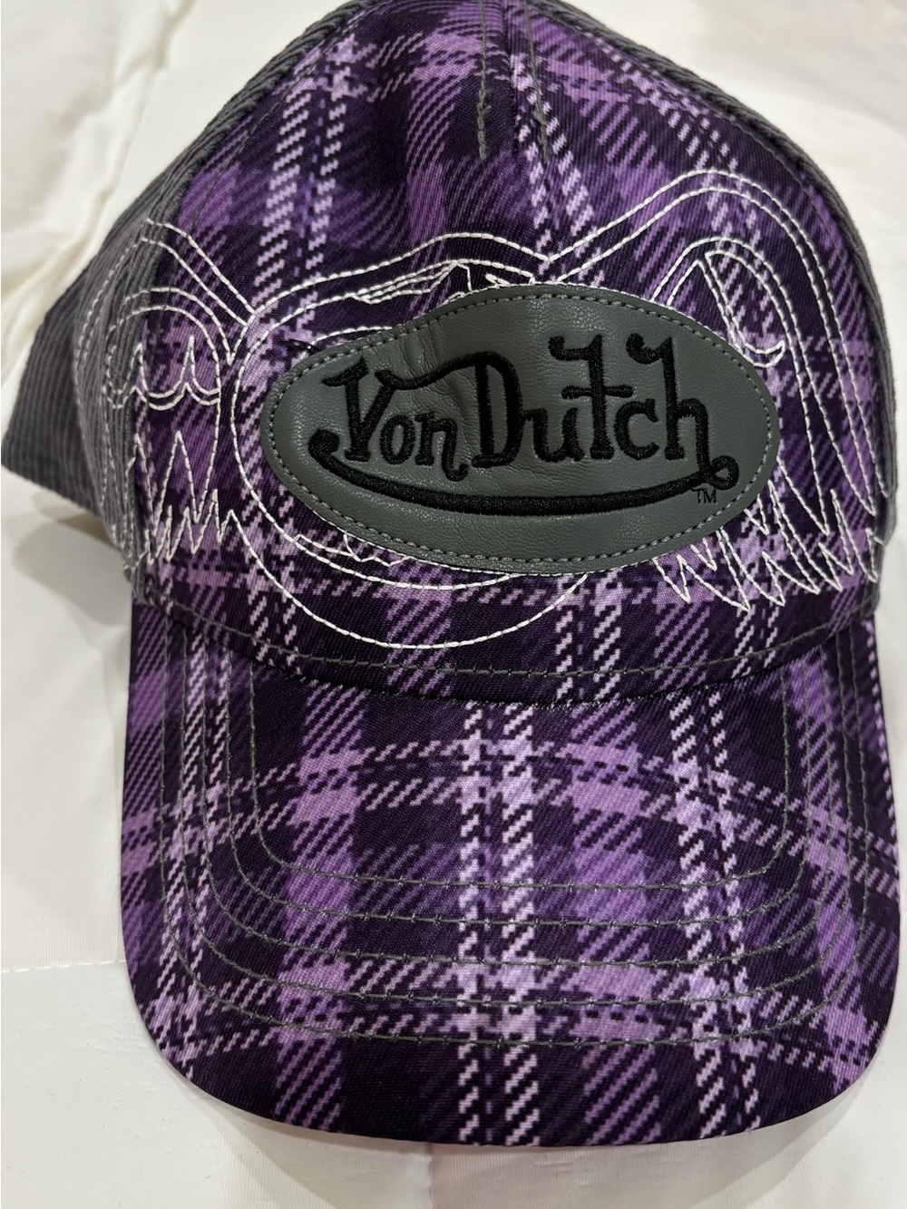 Von Dutch Purple Plaid Cap with Embroidered Wings